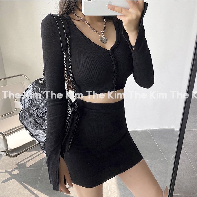 Bộ 2 món áo len tăm dài tay croptop cúc ngực - chân váy ngắn cạp cao , set len tăm ôm body sexy The Kim SV127 | BigBuy360 - bigbuy360.vn