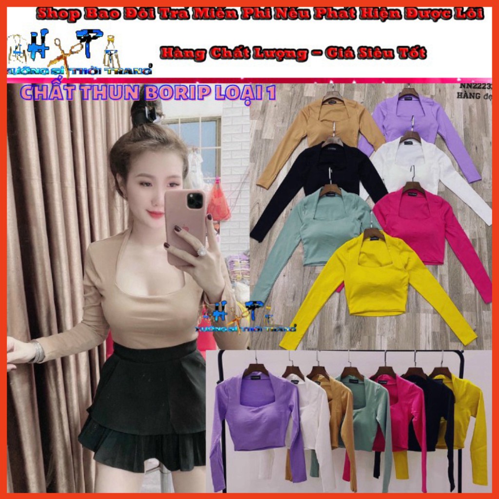 Áo thun kiểu croptop cổ vuông tay dài trơn mẫu mới thời trang 2020-Hàng có sẵn A22