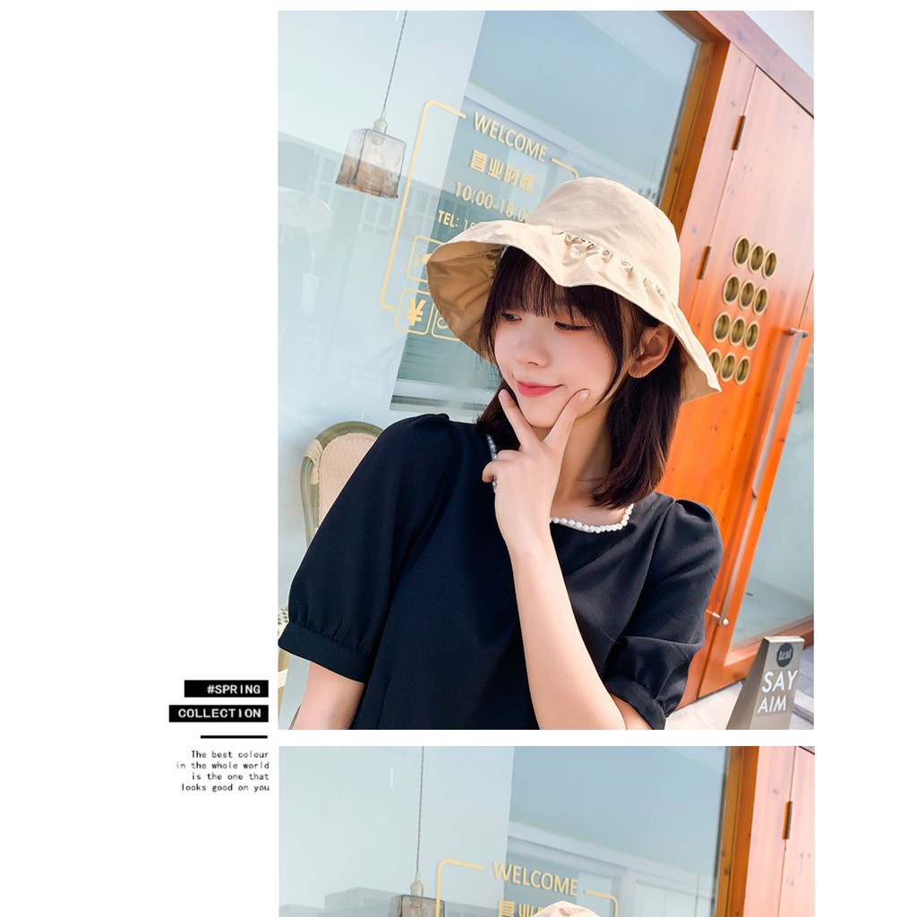 Mũ xô vành rộng Tiểu thư Chống nắng Mùa Hè Ulzzang Hàn Quốc Nón mũ Bucket trơn Bánh bèo Thời trang