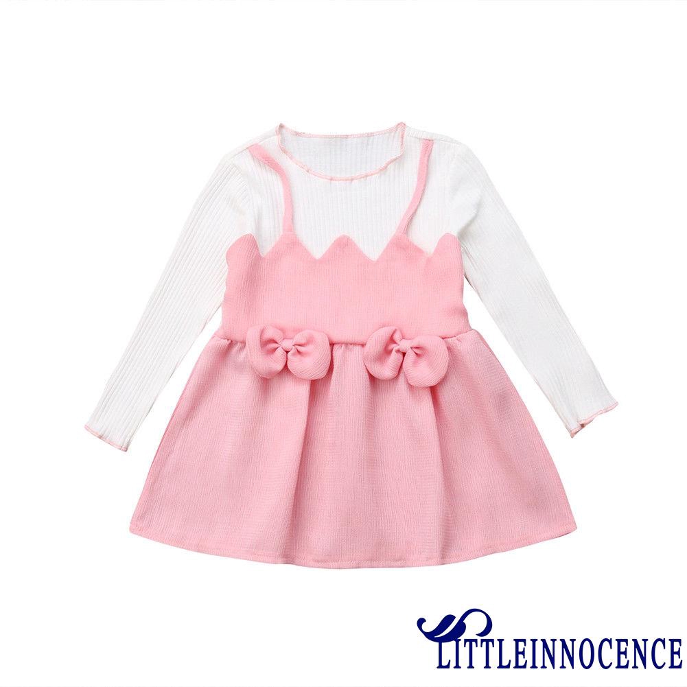 ❤XZQ-Toddler Kid Baby Girl Pink Long Sleeve Bowknot Princess Dress Skirt Party Outfits