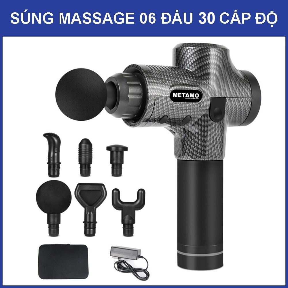 Máy massage cầm tay METAMO 6 đầu 30 cấp độ trị đau nhức toàn thân hiệu quả, súng massage kèm 6 đầu mát xa chuyên sâu