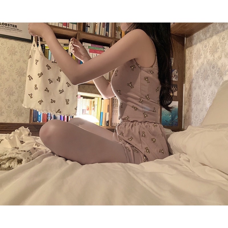 bộ mặc nhà áo hai dây + quần short cotton phong cách học sinh kiểu dáng hàn quốc