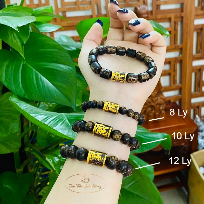 Vòng Tay Trầm Hương [Chính Hãng] Hạt Tròn Mix Vàng Chữ Phúc -  Tự Nhiên Size 8 10 12 14 mm Cao Cấp Quà Tặng Nam Nữ Sánh