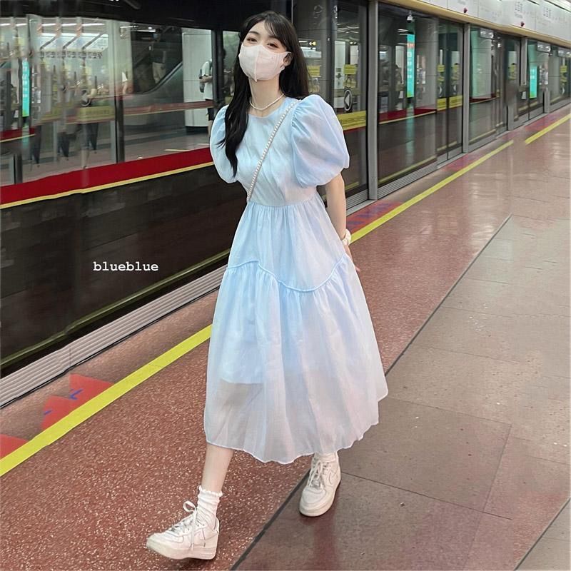 Váy babydoll Keyan Đầm Tay Phồng Màu Xanh Dương Ngọt Ngào Phong Cách Pháp Thời Trang Mùa Hè Cho Nữ