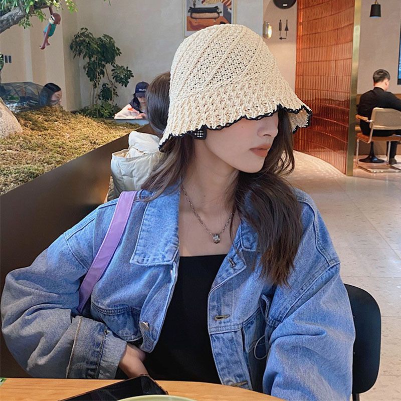 Mũ Bucket Sợi Đan Trơn Dáng Sụp Viền Đen Nữ Tính