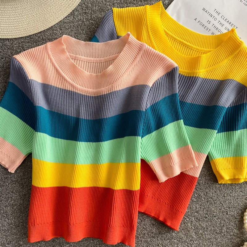 Áo thun ZHELIHANGFEI dệt kim tay ngắn kẻ sọc cầu vồng dễ thương