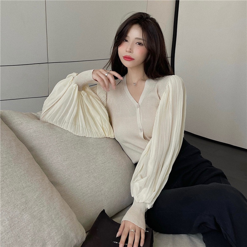 Áo Cardigan Dệt Kim Cổ Chữ V Tay Phồng Dáng Ôm Thời Trang Mùa Thu Hàng Mới Dành Cho Bạn Nữ 2021
