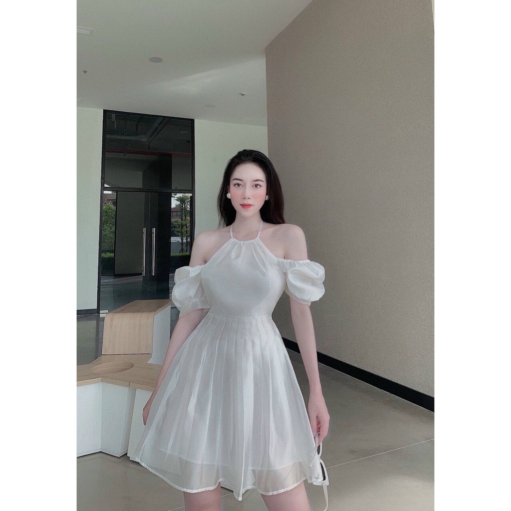 Váy trễ vai chất liệu tơ lụa 2 lớp cao cấp, Đầm nữ cổ yếm tay rớt vai thanh lịch sang trọng, Hàng thiết kế size SM | BigBuy360 - bigbuy360.vn