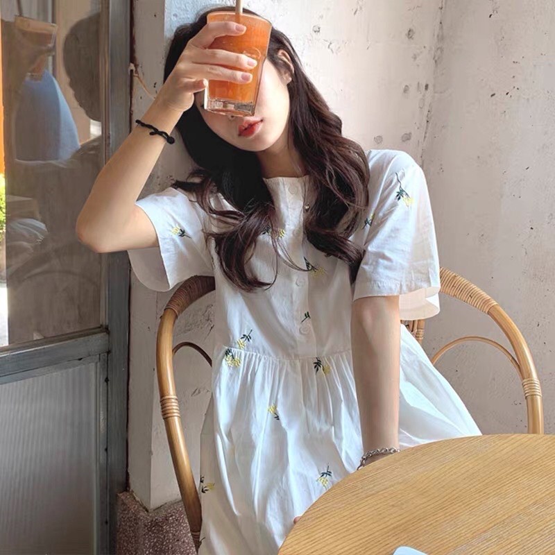 Đầm babydoll hoa cúc tay ngắn thắt nơ eo - Váy babydoll hoa nhí dáng dài cộc tay