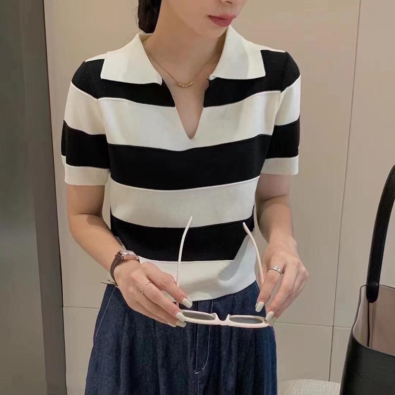 Áo thun polo ZHELIHANGFEI dệt kim tay ngắn kẻ sọc dễ phối đồ sành điệu