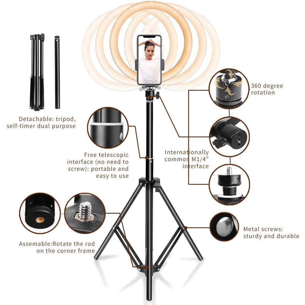 10 "Đèn vòng tự sướng với giá đỡ ba chân và giá đỡ điện thoại di động để phát trực tiếp / trang điểm | Đèn báo để bàn trên sàn có thể điều chỉnh độ sáng cho máy ảnh YouTube Video / Photography Tương thích với iPhone