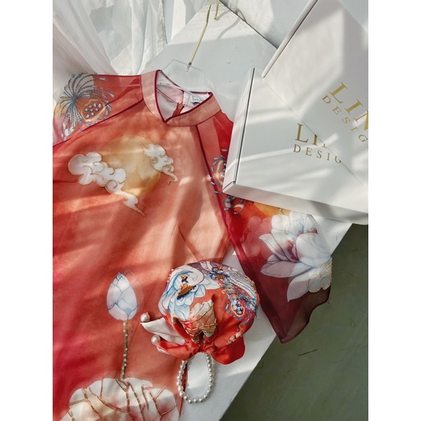 Áo dài cách tân tay lỡ Nghệ Giai chất organza cao cấp - LINN DESIGN