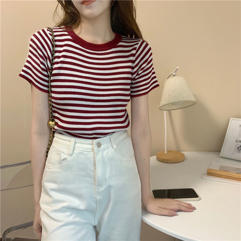 Áo Thun Vải Lụa Lạnh Mỏng Tay Ngắn Dáng Ôm Họa Tiết Kẻ Sọc Phong Cách Hàn Quốc Thời Trang Mùa Hè Cho Nữ 2022 áo croptop áo phông