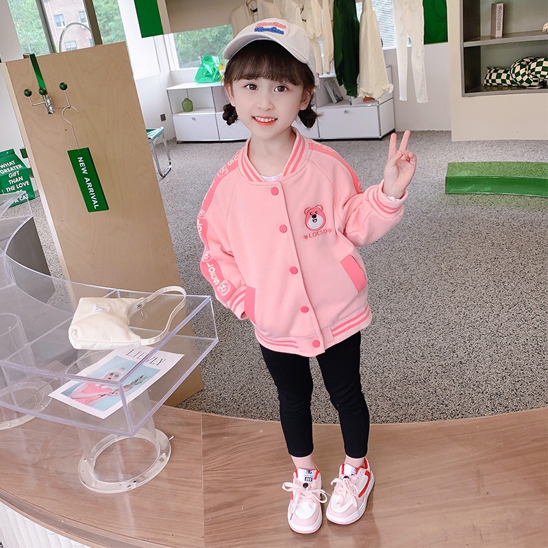 Áo khoác bomber lưng hình gấu LOESO chất nỉ da cá cho bé từ 7 đến 18 kg, SUN KID'S
