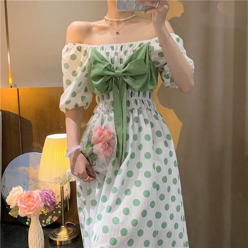 【HangFei】Đầm Cổ V Tay Phồng Đính Nơ Thời Trang Cho Nữ