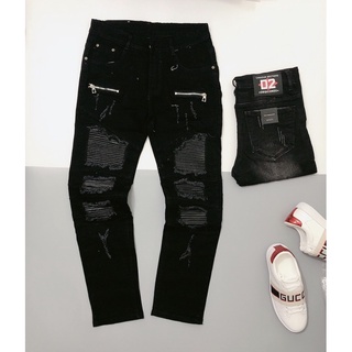 Quần Biker Balmain rách vá da phối khoá đùi hot 2021 - Quần bò nam ống côn Amiri