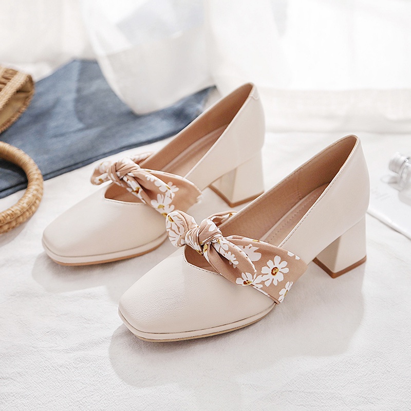 Giày cao gót mũi vuông đính nơ họa tiết hoa cúc kiểu Pháp cao cấp CICI 2021 G018