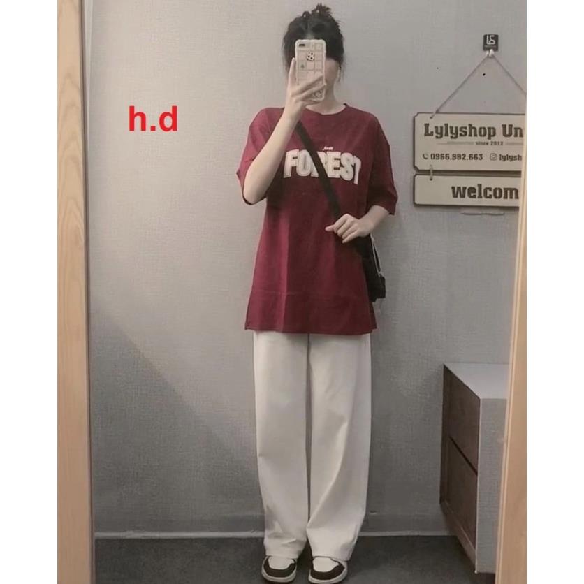 Set bộ quần trắng ống rộng áo phông đỏ FOREST tay lỡ dáng rộng FREESIZE phù hợp cho cả nam và nữ