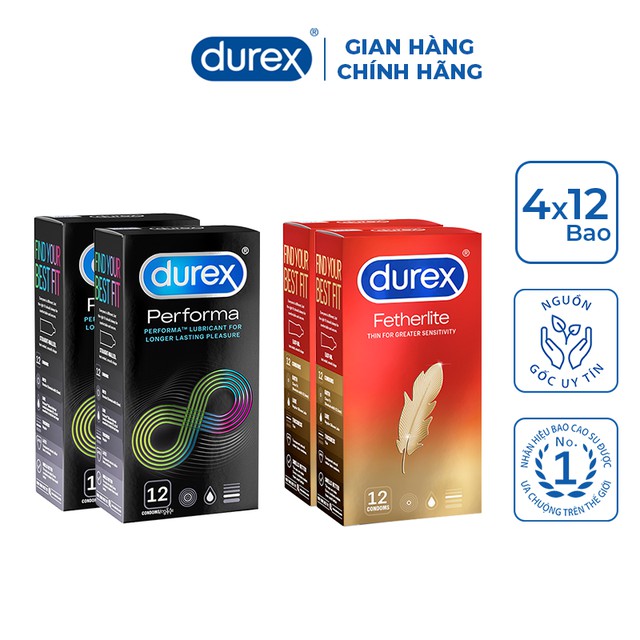 Bộ 4 hộp bao cao su Durex Performa và Durex Fetherlite (12 bao/hộp)