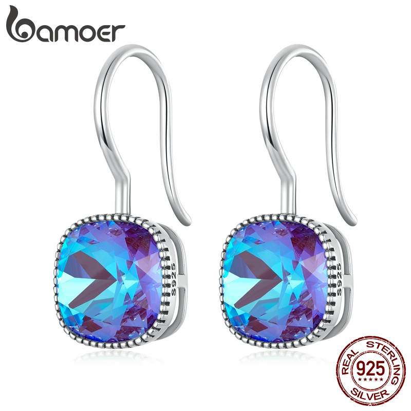 Khuyên tai móc BAMOER bạc 925 đính đá màu xanh dương sang trọng cho nữ
