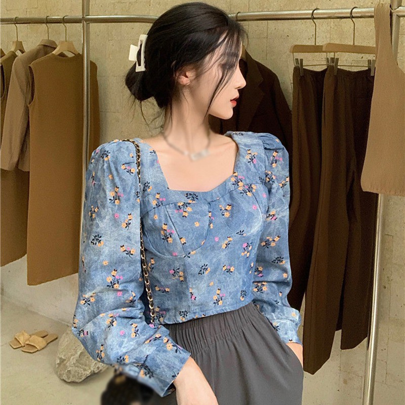 Áo denim cổ vuông tay dài họa tiết hoa sành điệu trẻ trung cho nữ | BigBuy360 - bigbuy360.vn