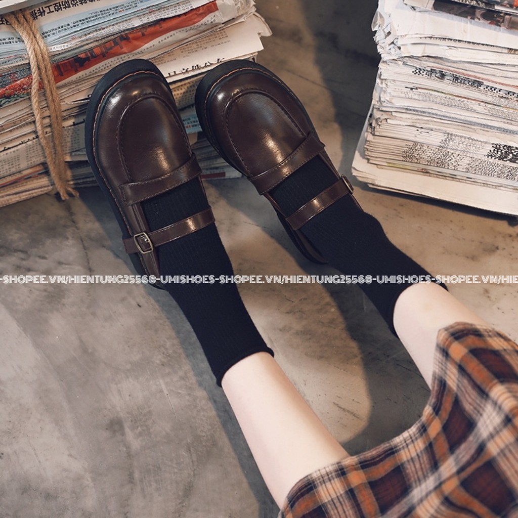 (HÀNG CÓ SẴN Giày Lolita ulzzang vintage oxford mũi tròn khâu viền quai cài da mềm đế bằng 2cm màu đen/nâu đẹp mới xin