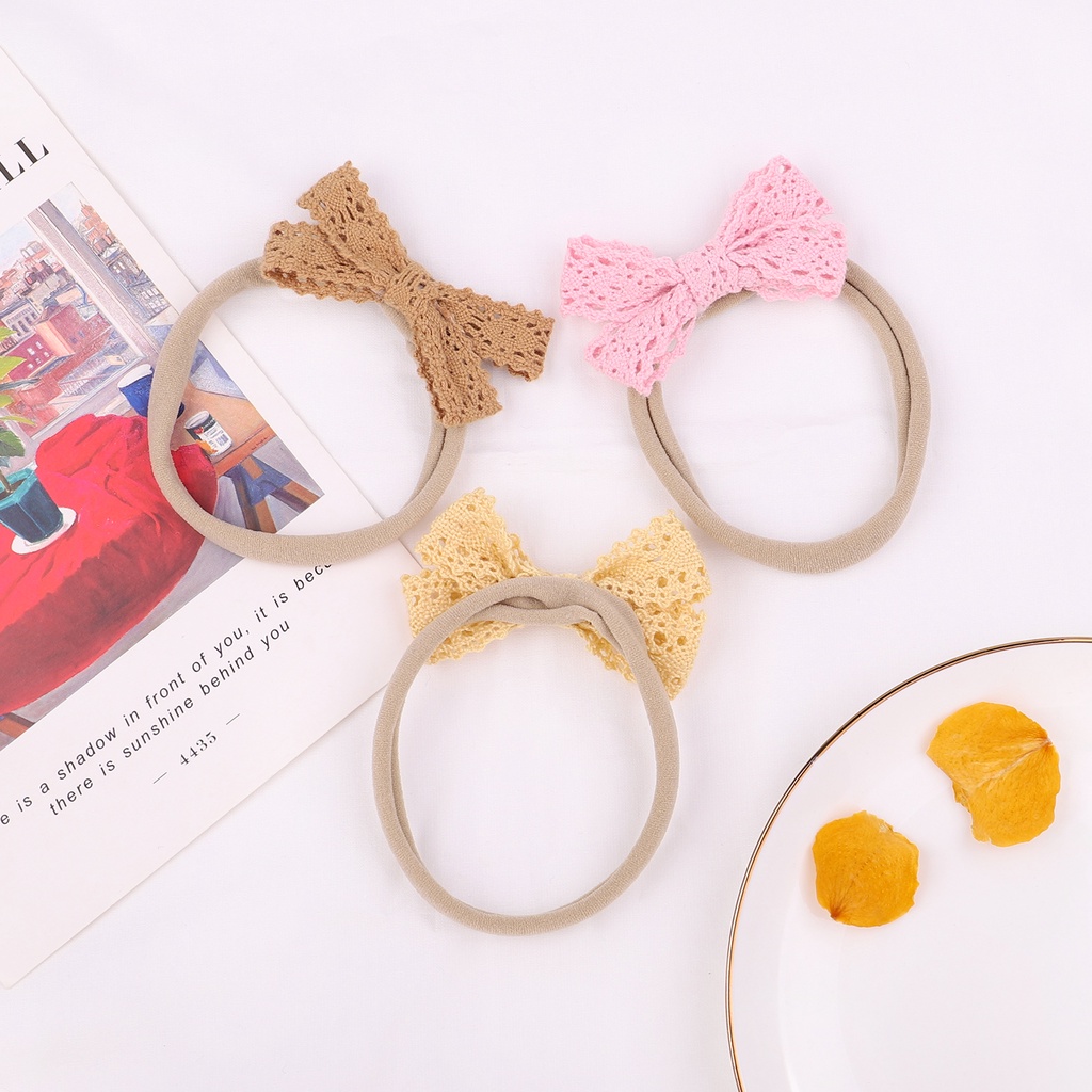 Dây buộc tóc KIDSBOWS 2315 nylon co giãn đính nơ ren màu trơn dễ thương cho bé gái