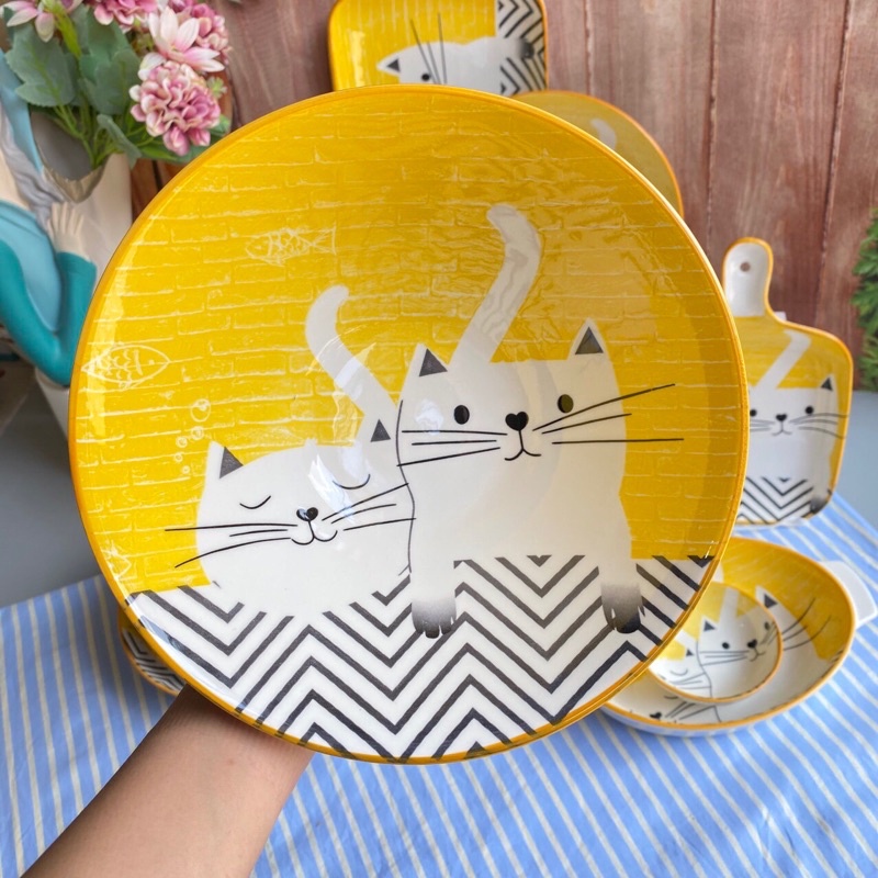 Bát đĩa gốm sứ decor Tổng hợp bộ bát đĩa mèo vàng siêu xinh