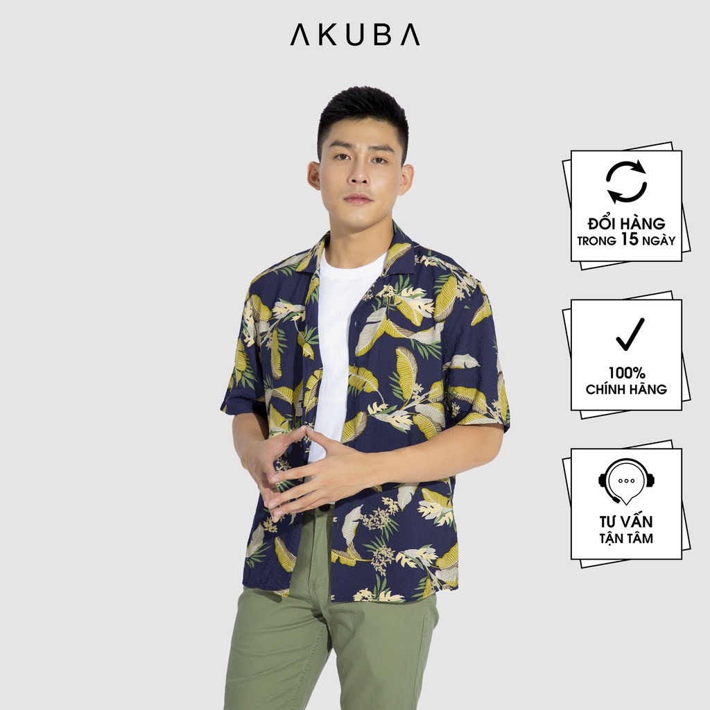 Áo sơ mi nam tay ngắn họa tiết hoa AKUBA form oversize, chất liệu mango vải nhẹ, mát, thấm hút tốt | 02B464