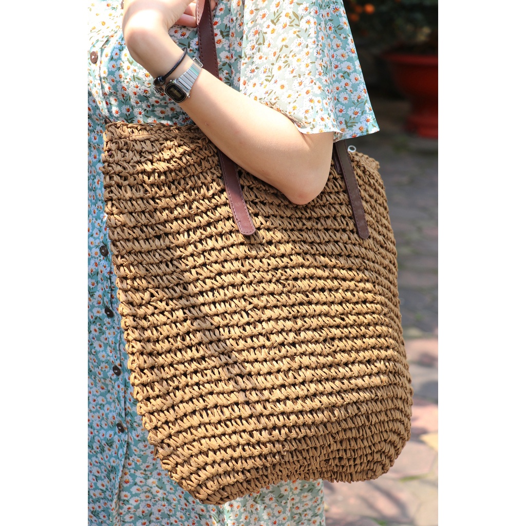 Túi Cói Tote Thời Trang Nữ Quai Da Mẫu Trơn – Trúc Lâm Handmade