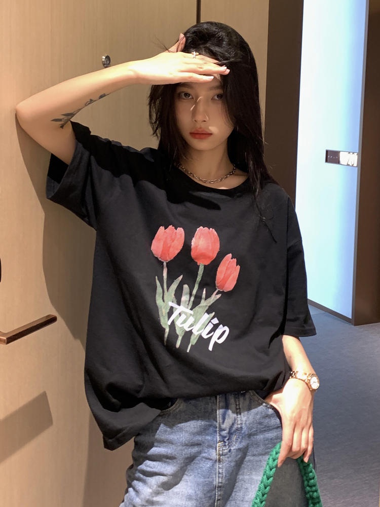 Áo thun Peppermint 50157 cổ tròn in hình hoa tulip thời trang cho nữ