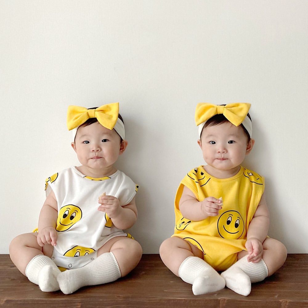 Bộ áo liền quần in hình mặt cười + băng đô thời trang mùa hè thời trang cho bé 0-24 tháng tuổi