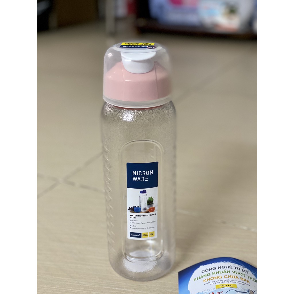 BÌNH NƯỚC NHỰA ĐẸP 1.2L MICRON WARE, loại lớn 1.2 lit, chai chứa nước đem theo đi học, water bottle, thể thao đi làm