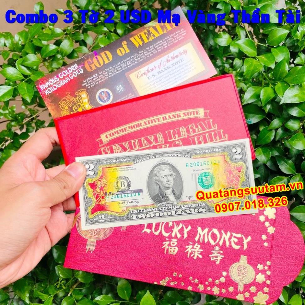 [RƯỚC LỘC] (3 Combo) Tờ 2 USD Mỹ Hình Thần Tài Vàng may mắn + bao da đỏ, Quà Tết 2022