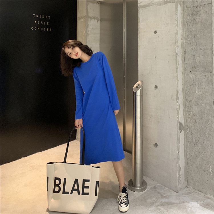 Áo Thun Tay Dài Dáng Rộng Màu Trơn Dài Qua Gối Thời Trang Mùa Thu Cho Nữ