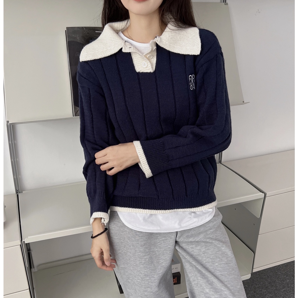 DUNEA Áo Sweater Dệt Kim Form Rộng Phối Màu Xinh Xắn Cho Nữ