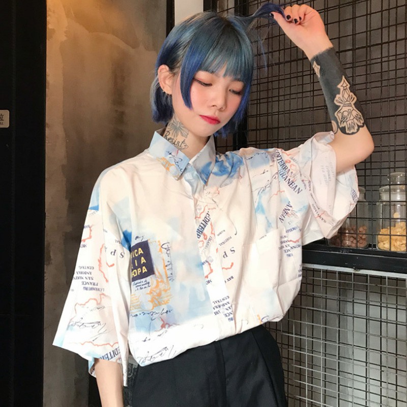YAS0207-Áo sơ mi unisex haarajuku in bản đồ hàng hải