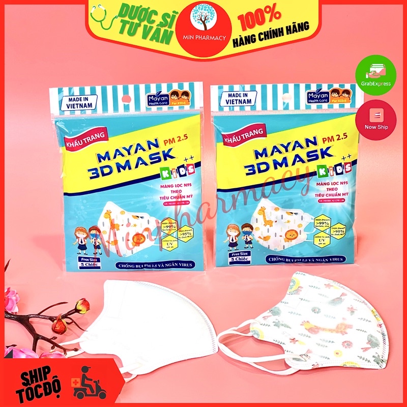 Khẩu Trang MAYAN 3D PM2.5 Kids++ cho trẻ em màu trắng/ hoạt hình (túi 5 cái) - Minpharmacy