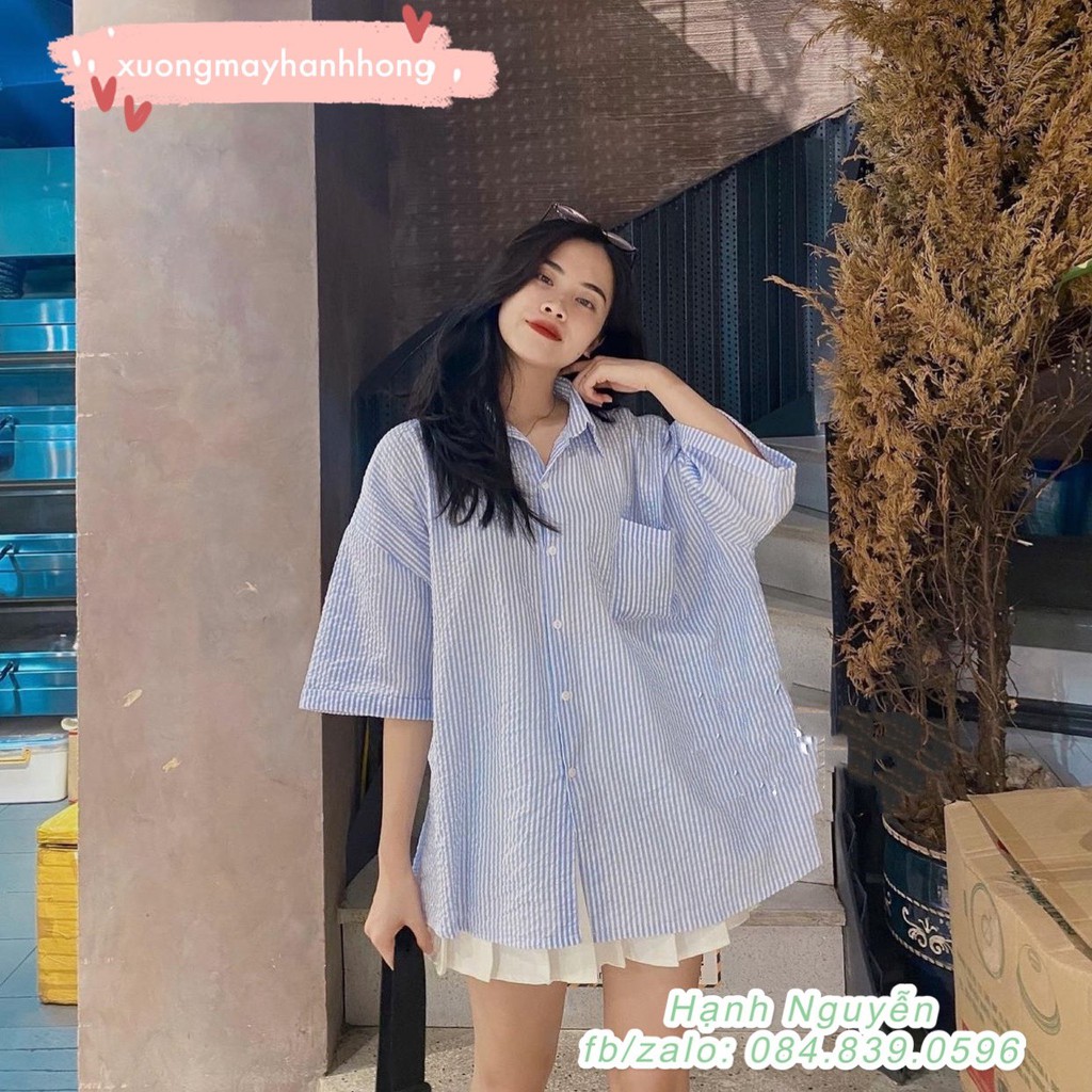 Áo sơ mi kẻ cộc tay đũi nhăn form OVERSIZE siêu rộng - Xưởng May Hạnh Hồng | BigBuy360 - bigbuy360.vn