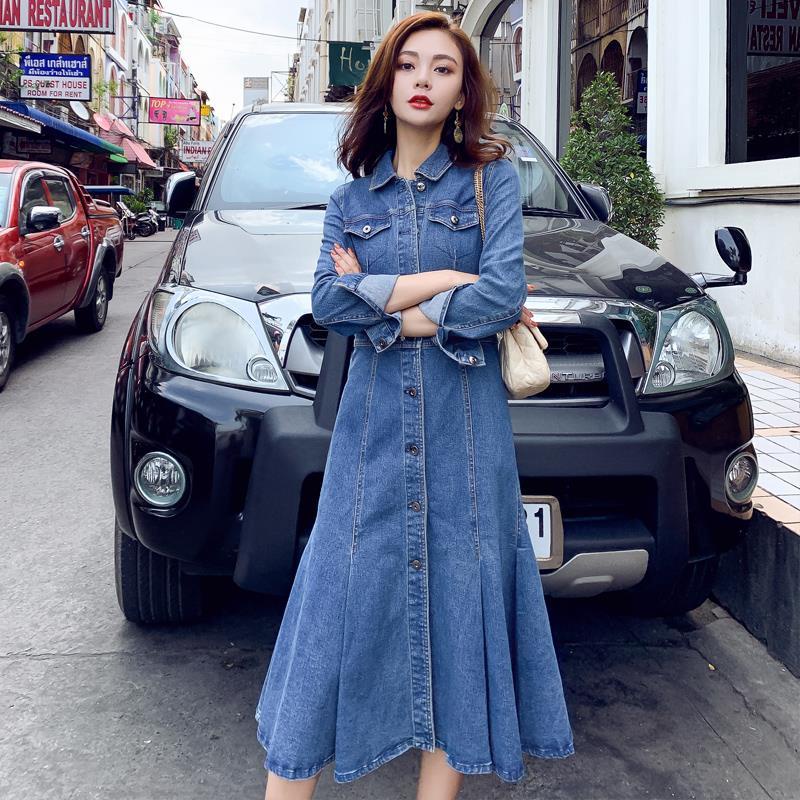 Đầm Denim Tay Dài Phối Bèo Phong Cách Hàn Quốc Thời Trang Cho Nữ