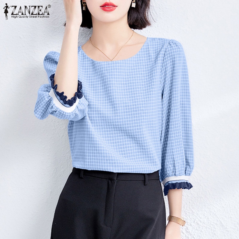 Zanzea Áo Kiểu Nữ Cổ Tròn Tay 3 / 4 Họa Tiết Caro Thời Trang Thanh Lịch