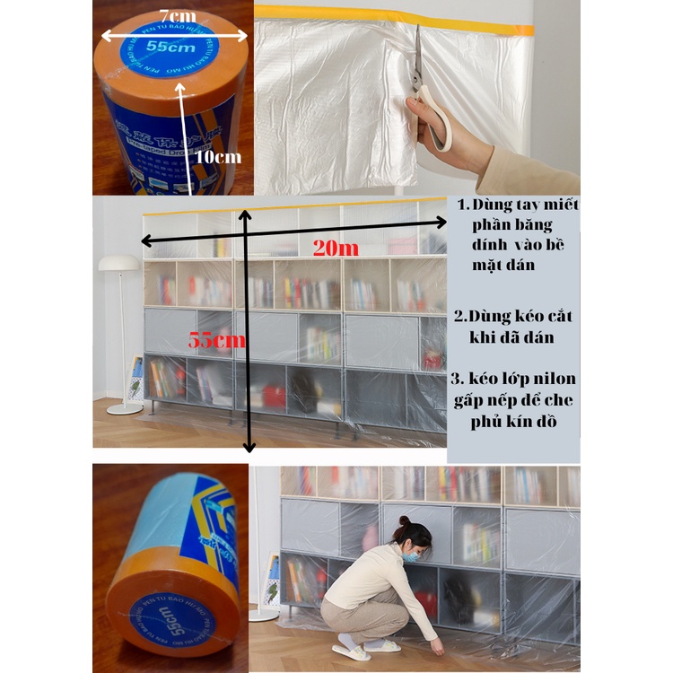 Băng keo nilon che chắn bụi, che sơn phủ ô tô, sơn nội thất, sơn tường, rộng 55cm dài 20m. Có một đầu dán dính.