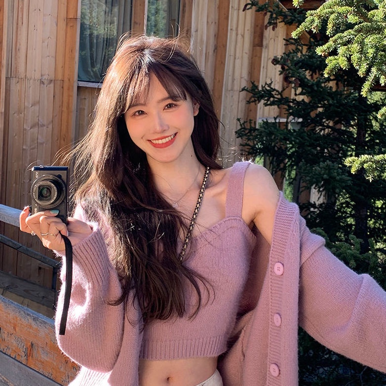 Bộ áo khoác cardigan dệt kim và áo hai dây thời trang thu đông cho nữ (có bán lẻ) | BigBuy360 - bigbuy360.vn