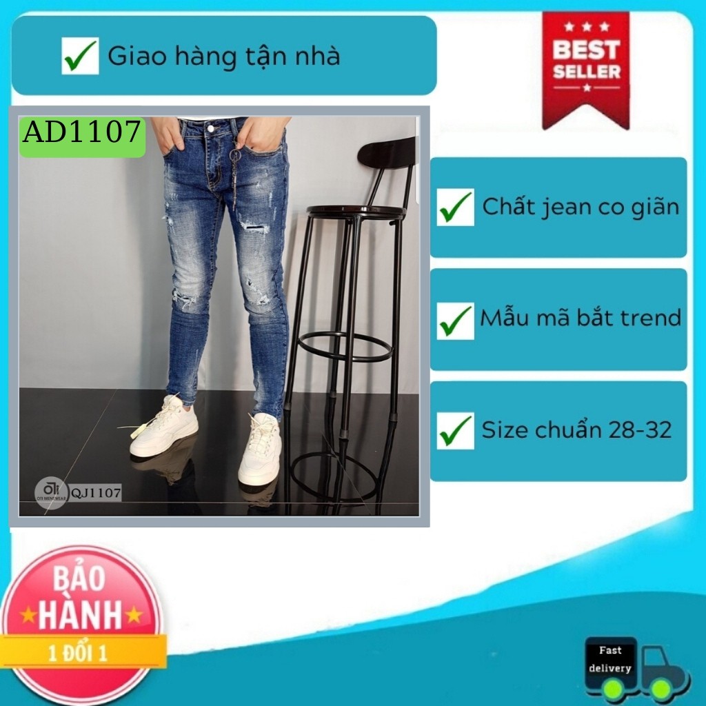 Quần Jean Nam Chất Bò Cao Cấp AD1107TG Xanh Rách Xước Co Dãn Mẫu Hót (44-70KG) - Sơ_Mi_Nam_VNXK