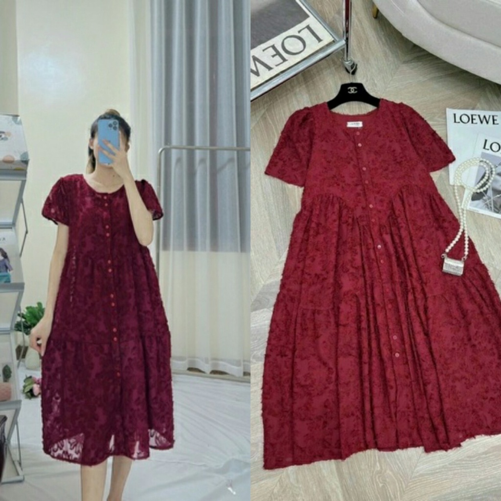 Váy bầu thời trang công sở màu đỏ diện tết đẹp sang chảnh chất ren hai lớp