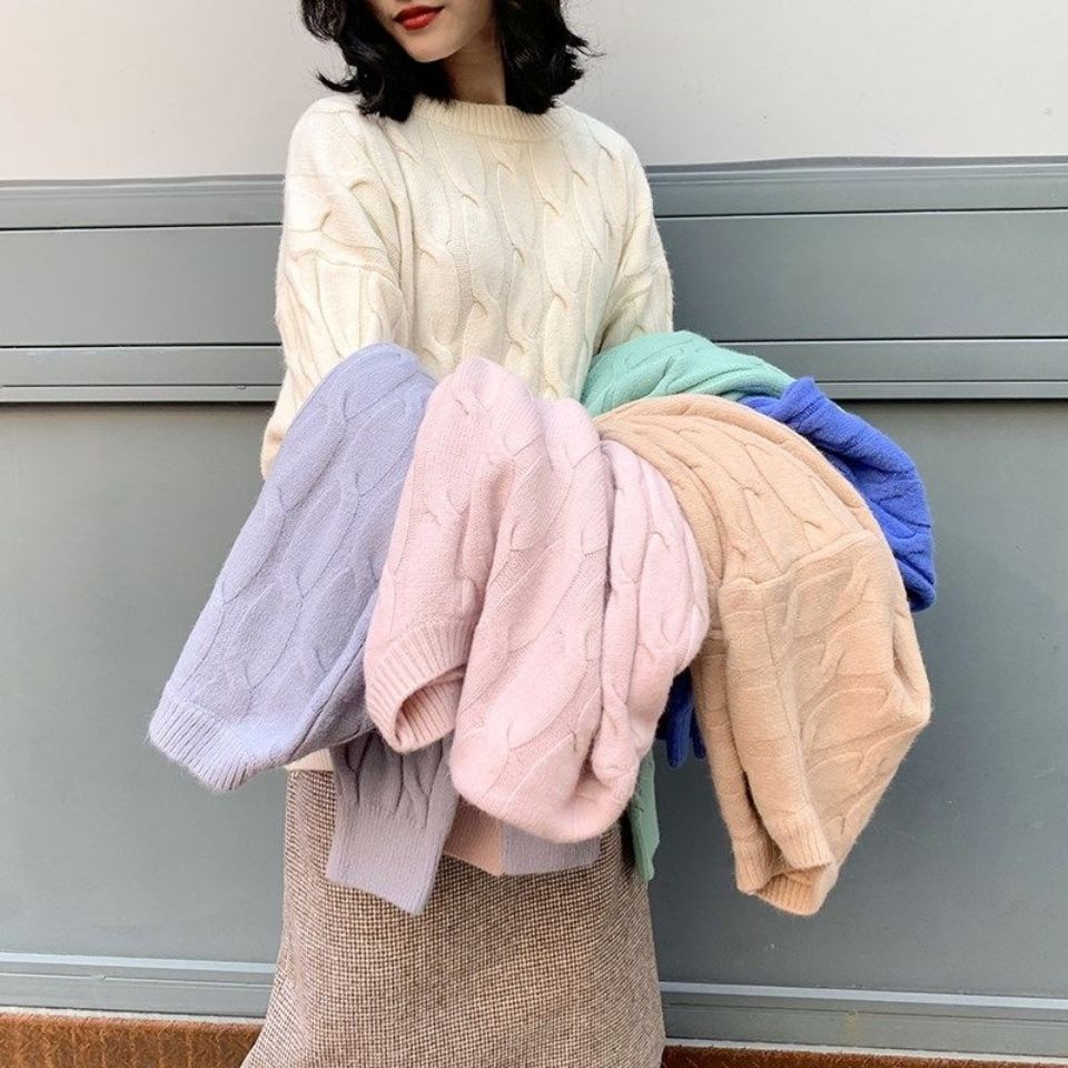 Áo sweater dệt kim dày dáng rộng phong cách Hàn Quốc mới năm 2021