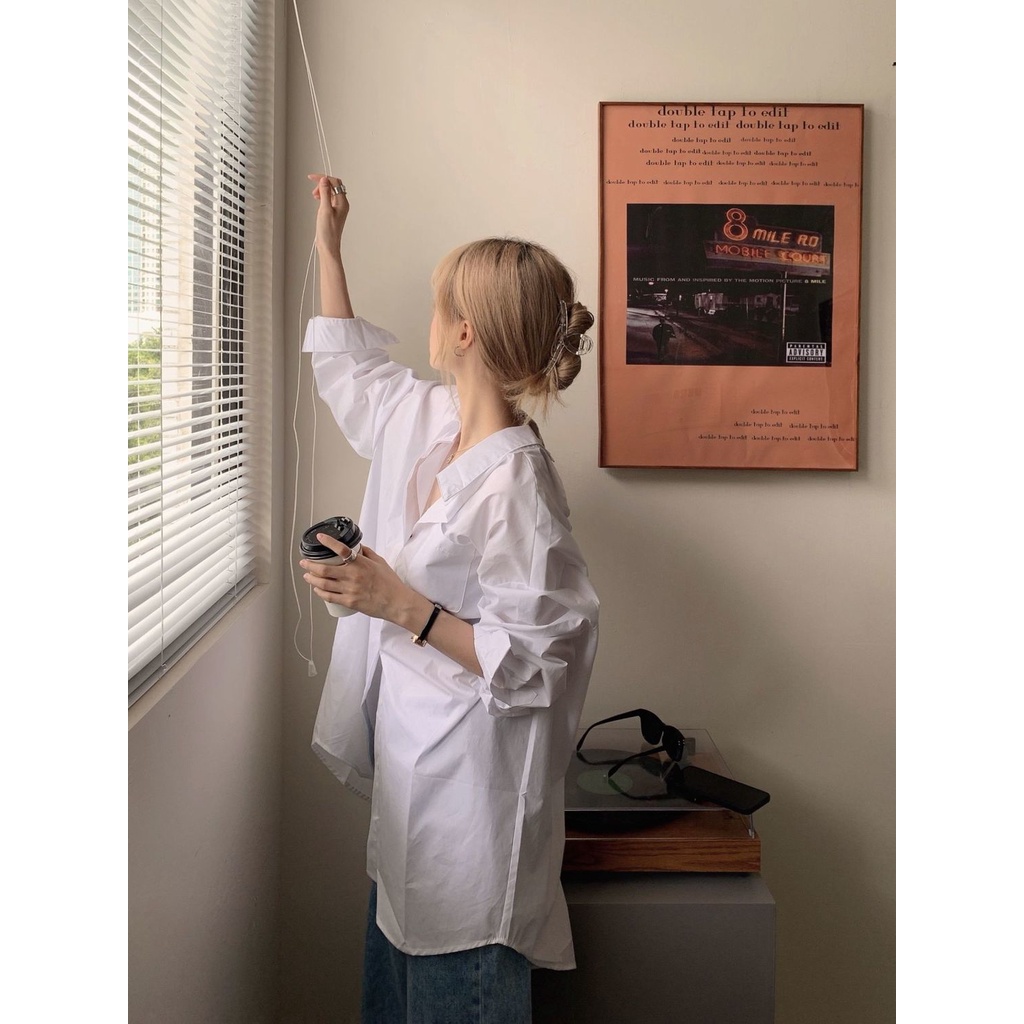 Áo Sơ Mi Trắng Dáng Rộng Dài Vừa Hai Lớp Phía Trước Và Sau Thiết Kế Cảm Giác Thời Trang Hàn Quốc Cho Nữ