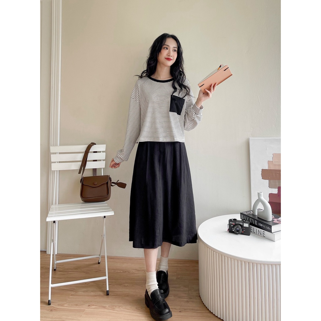 Áo sweater dài tay kẻ mix túi MADELEN