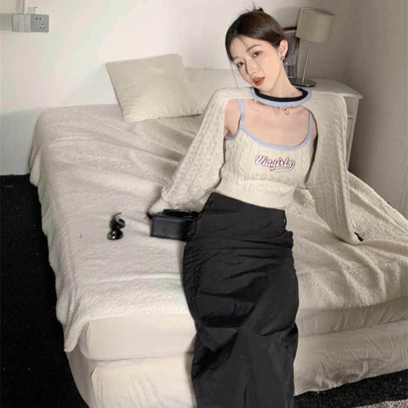 Set Áo Hai Dây Dệt Kim Thêu Họa Tiết Xinh Xắn Cho Nữ