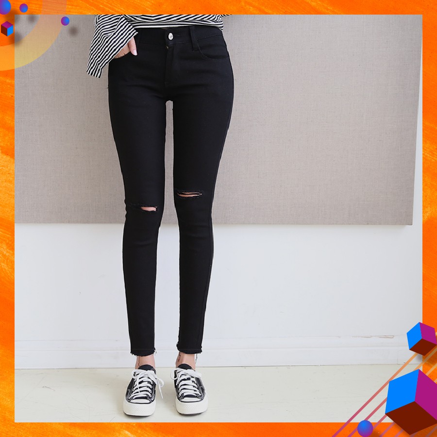 Quần Jeans Đen LƯNG THUN Rách 2Gối BIG SIZE - Lưng Cao Trên Rốn- Co Giãn Mạnh